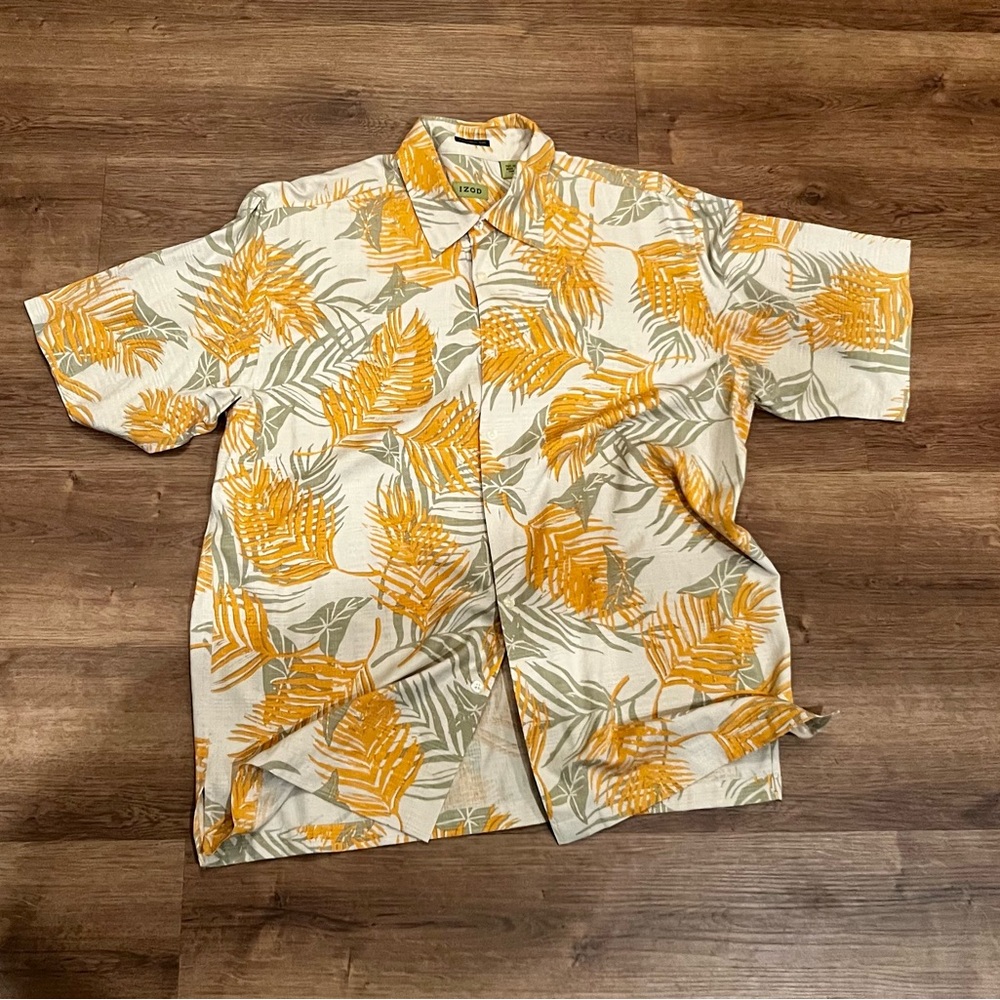IZOD Washable Silk Men's Button Down Beige Floral Hawaiian Shirt - Large L
